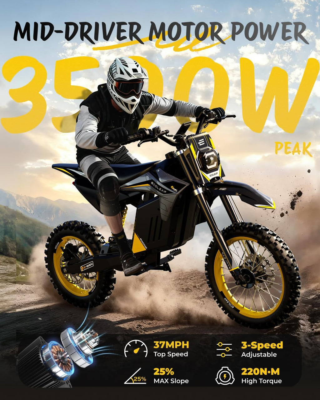 3500W Peak Electric Dirt Bike for Teens & Adults, 37MPH Electric Off-Road E-Bike with 48V 21Ah