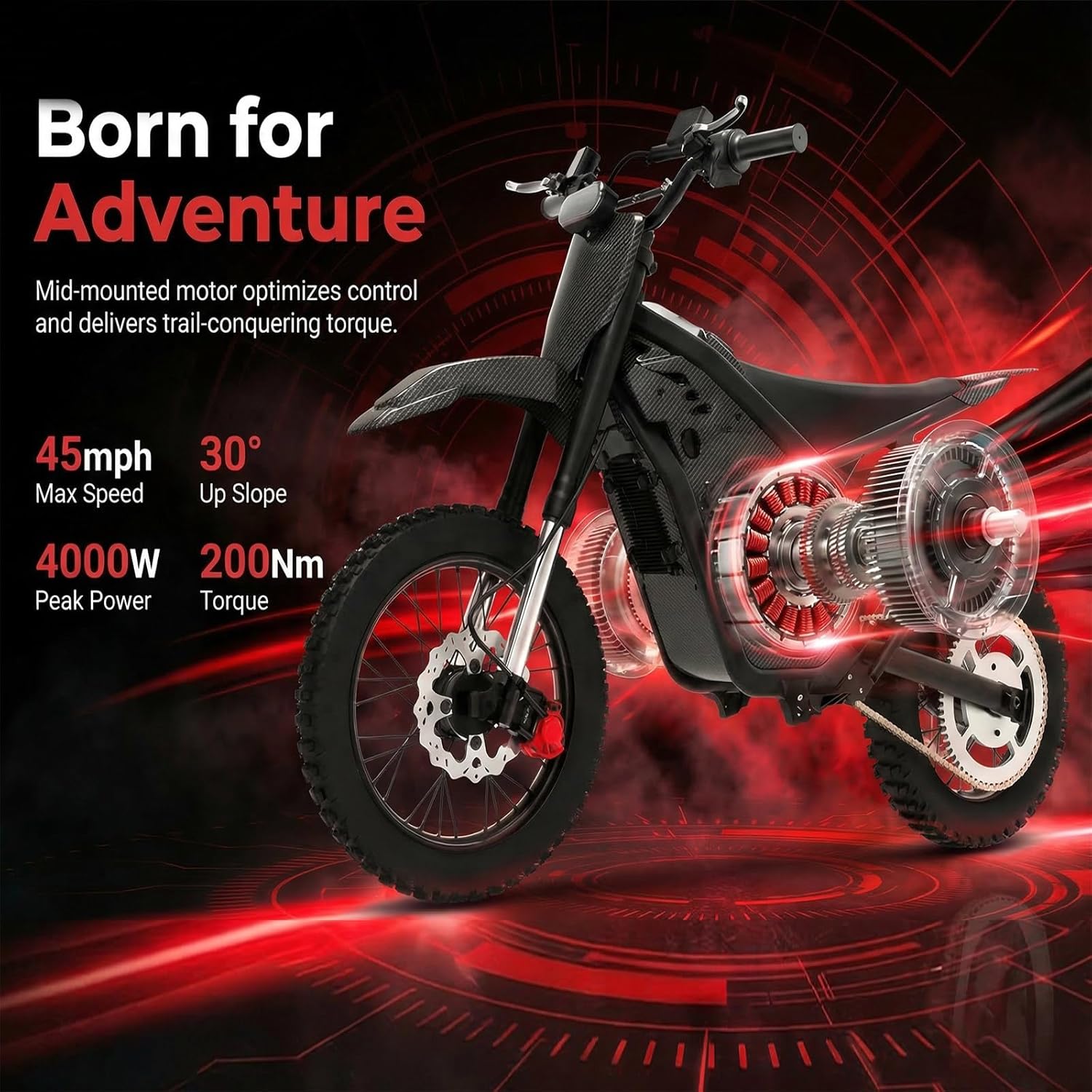 4000W Peak Electric Dirt Bike for Adults, 45 MPH Max Speed, 38 Miles Range, 48V 23Ah