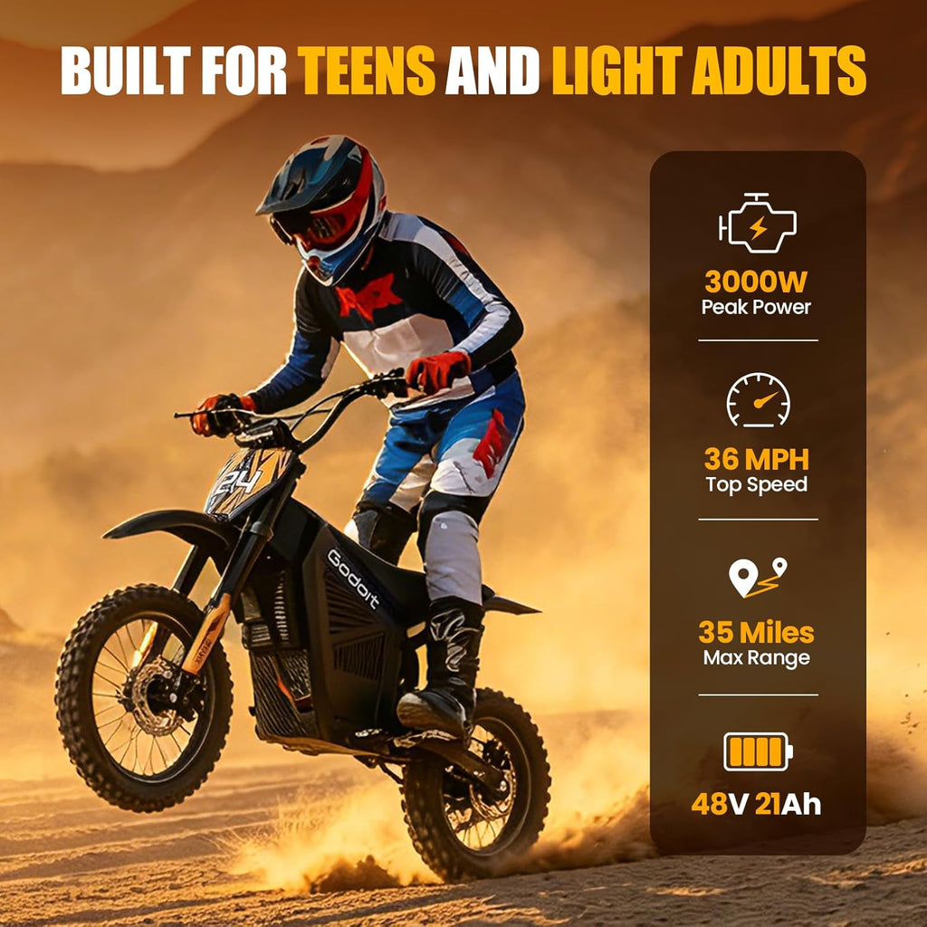 Electric Dirt Bike for Teens Adults,Peak 3000W Mid-Drive Motor,36MPH