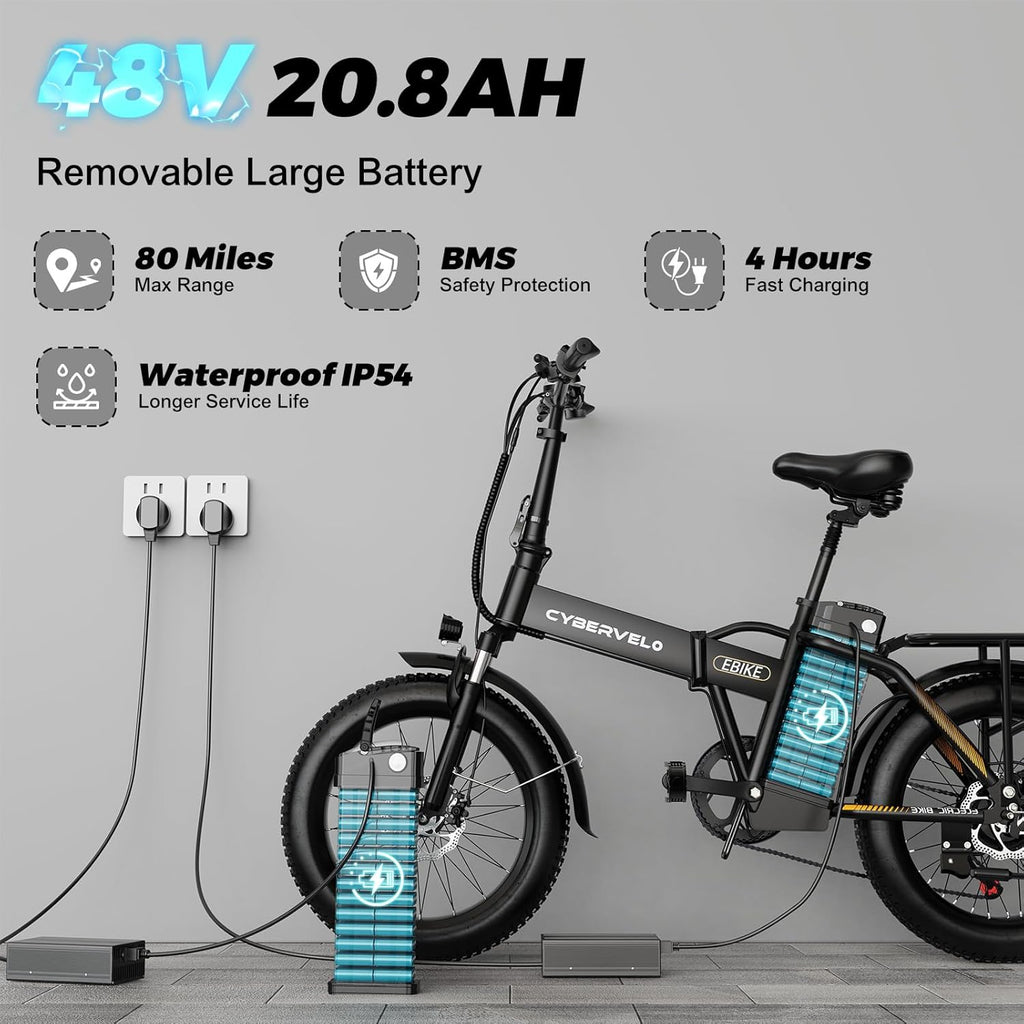1000W Folding Electric Bike, 48V 20AH Large Removable
