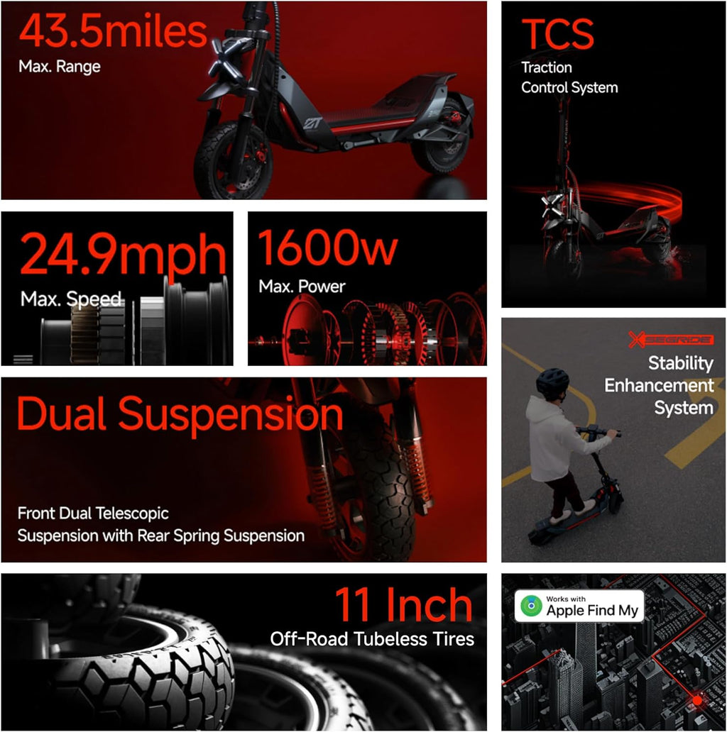 Electric Scooter, Up to 24.9 MPH, 43.5-Mile Range, Dual Suspension