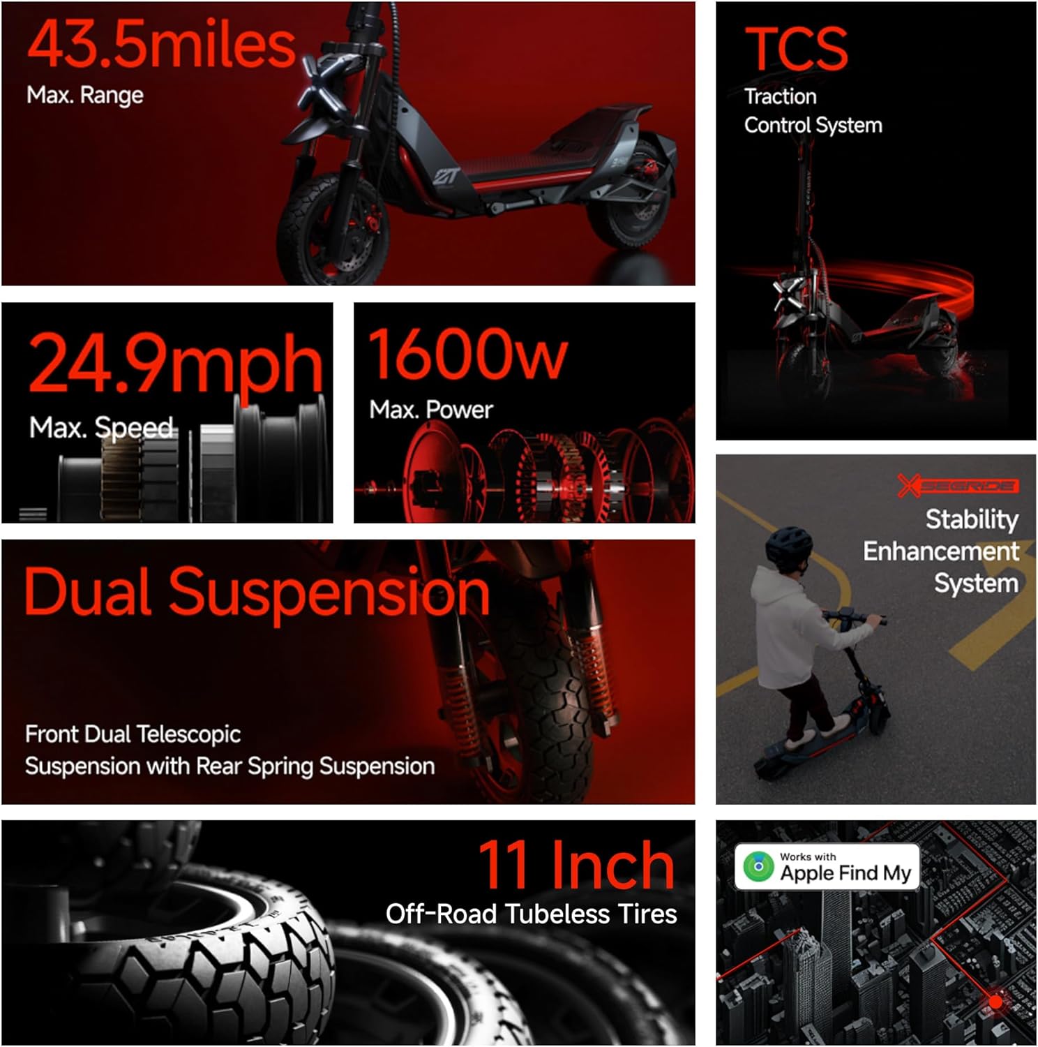 Electric Scooter, Up to 24.9 MPH, 43.5-Mile Range, Dual Suspension