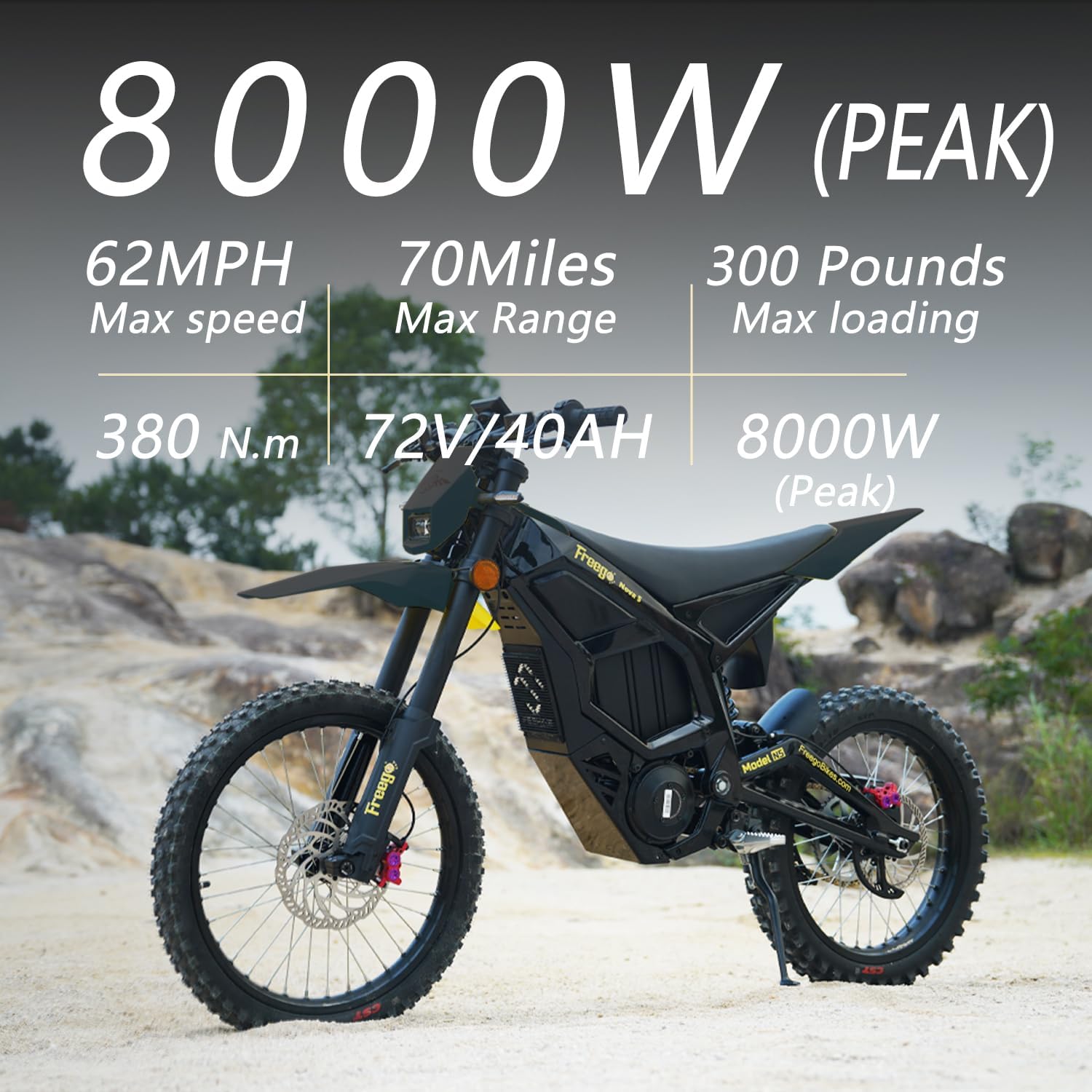 Electric Dirt Bike,Mid-Drive Motor,72V/40AH/8000W(Peak),53MPH