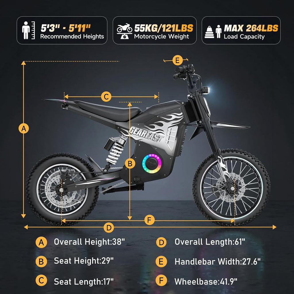 Electric Dirt Bike, 14"/12" Fat Tire 3000W Peak 40 MPH Electric-Motorcycle