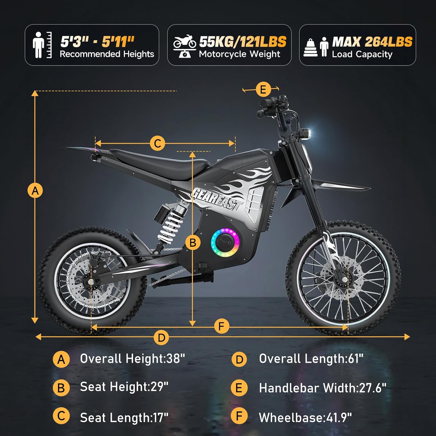 Electric Dirt Bike, 14"/12" Fat Tire 3000W Peak 40 MPH Electric-Motorcycle