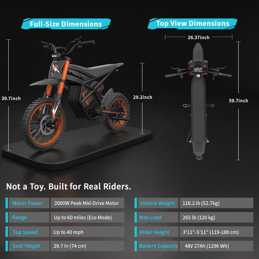 GT54/GT54 PRO Electric Dirt Bike for Adults/Teens - Gear Hub 2000W/ 3000W