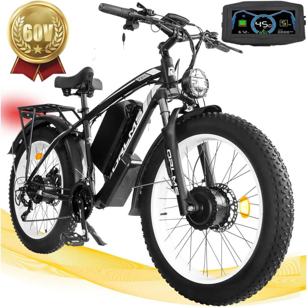 Electric Dirt Bike, 5000W Peak 60V/52V 25AH Dual Motor Ebike for Adult