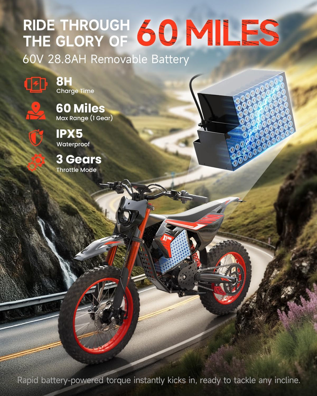 Electric Dirt Bike for Adults Teens, 60V/28.8Ah