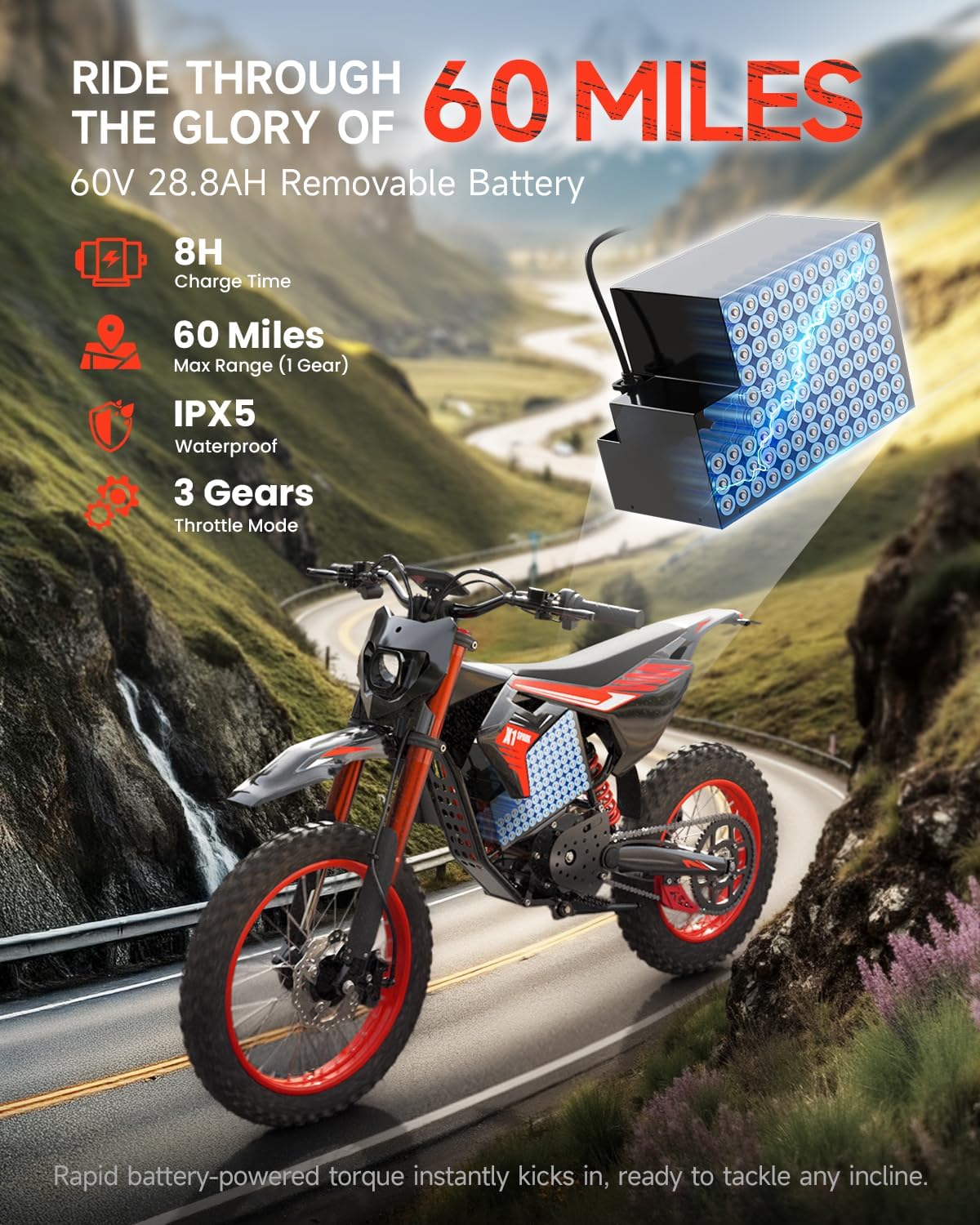 Electric Dirt Bike for Adults Teens, 60V/28.8Ah