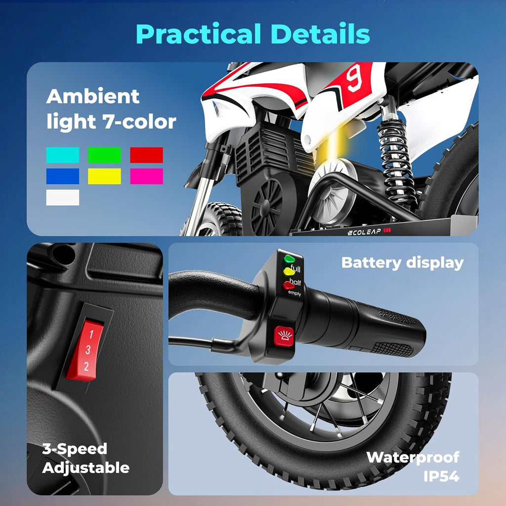 Electric Dirt Bike 36V Motorcycle,16MPH Fast Speed 14 Mile Long