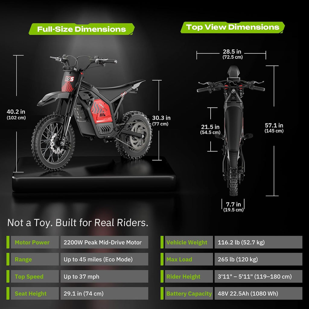 Electric Dirt Bike for Teens & Adults (13+), Up to 37 MPH, 45 Miles Range