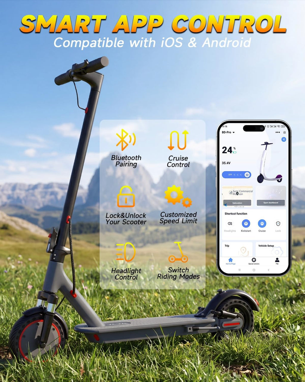Electric Scooter with Dual Suspensions, 19/22MPH, 500W/800WMotor