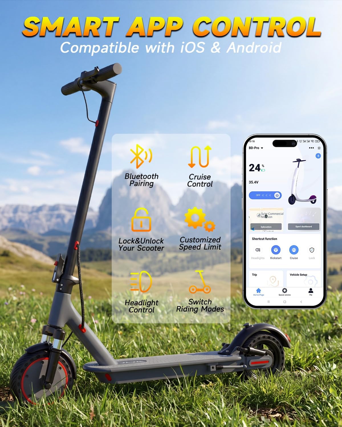 Electric Scooter with Dual Suspensions, 19/22MPH, 500W/800WMotor