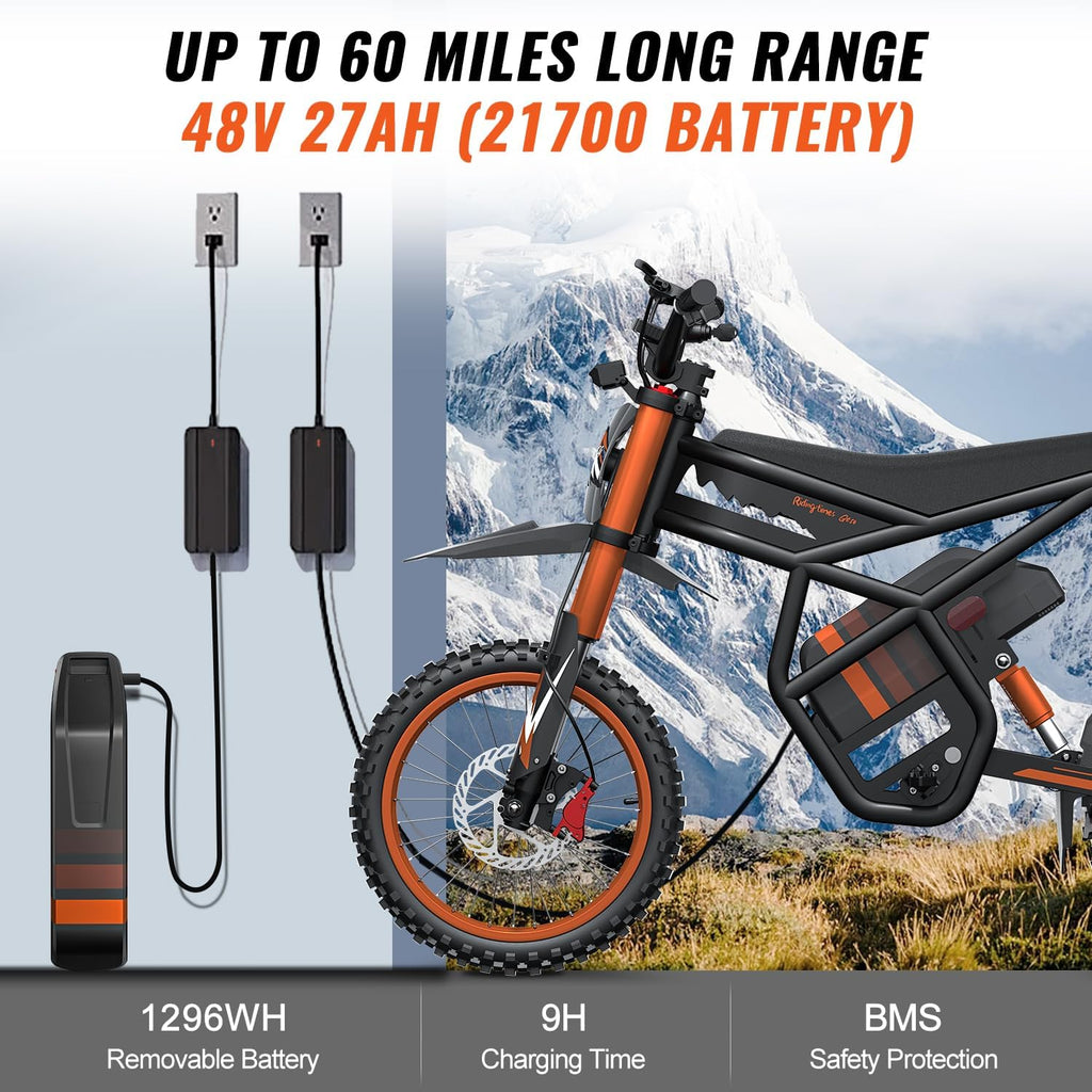 Ebike for Teens Adults, 60V 25AH 40MPH // 48V 27AH 37MPH Electric Dirt Bike