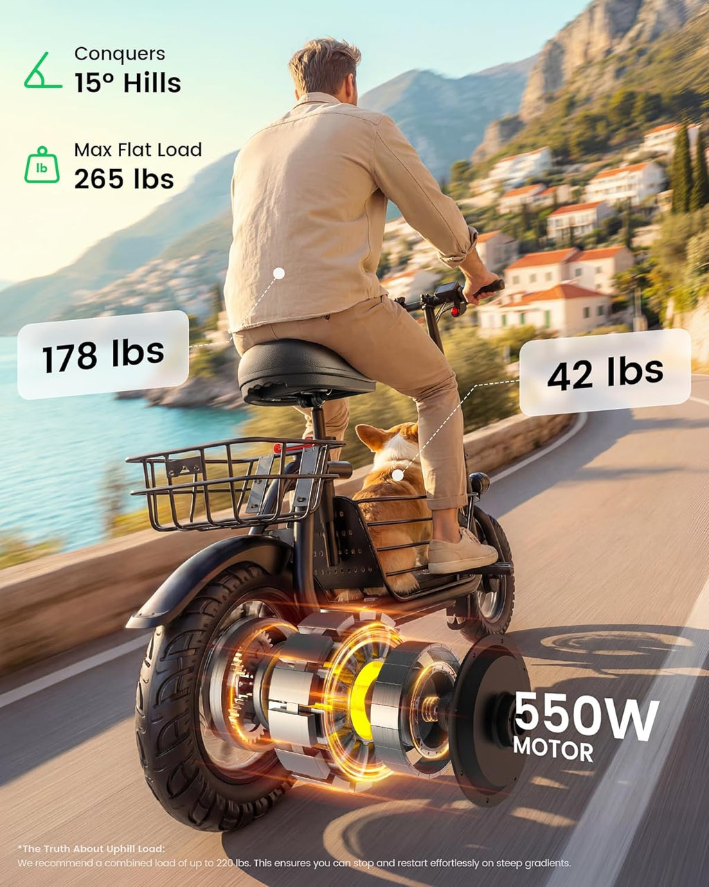 Electric Scooter with Seat for Adults - 550W Motor, Pet Basket, 19 MPH