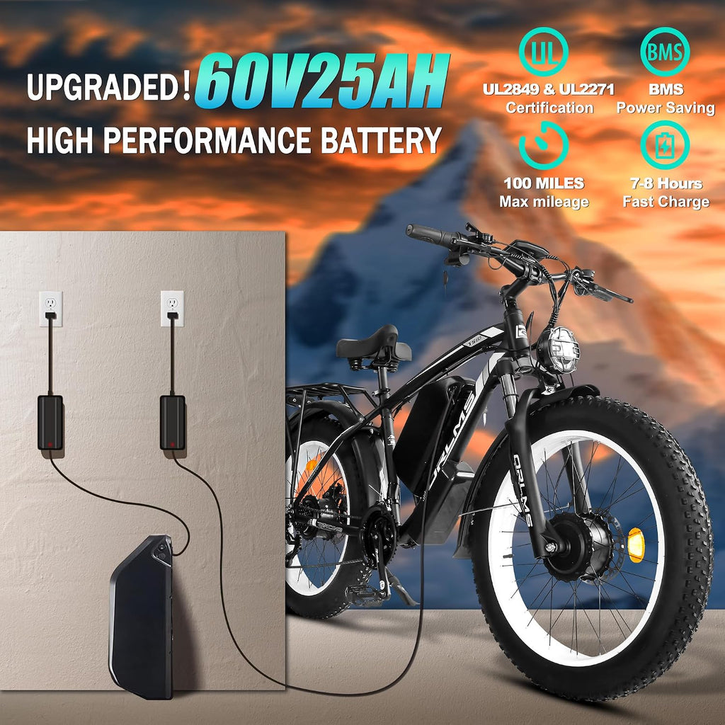 Electric Dirt Bike, 5000W Peak 60V/52V 25AH Dual Motor Ebike for Adult, 40-50MPH