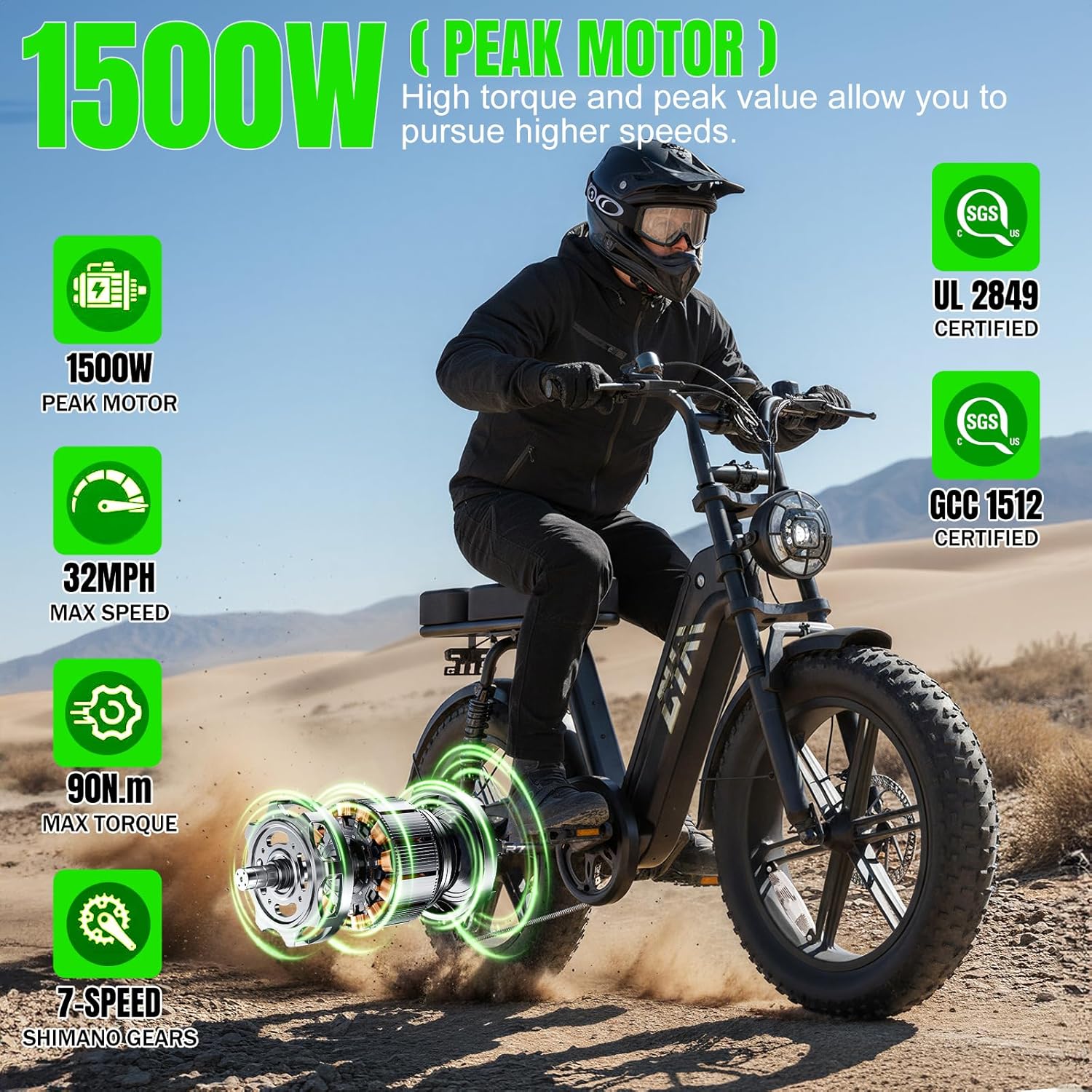 Electric Bike for Adults 1500W Peak 20" Fat Tire All-Terrain E-Bike 60/110 Miles Electric Dirt Bike