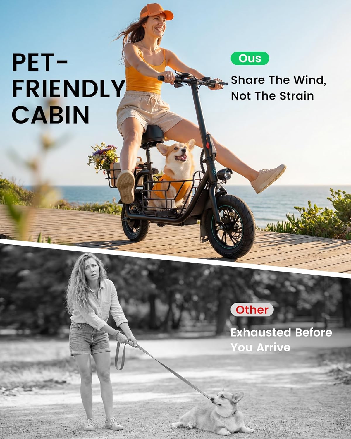 Electric Scooter with Seat for Adults - 550W Motor, Pet Basket, 19 MPH