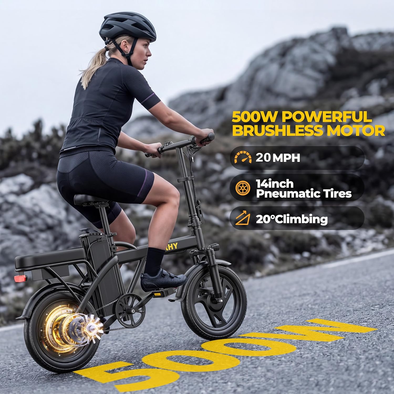 Electric Bike for Adults, 500W Motor, 20 MPH Max Speed Folding Ebike, 14