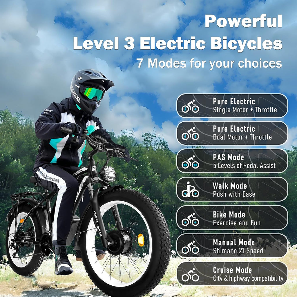 Electric Dirt Bike, 5000W Peak 60V/52V 25AH Dual Motor Ebike for Adult, 40-50MPH