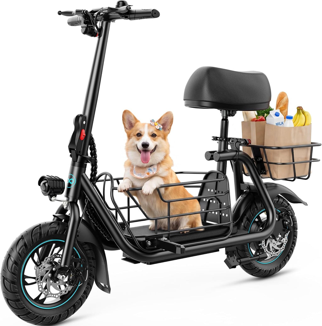 Electric Scooter with Seat for Adults - 550W Motor, Pet Basket, 19 MPH