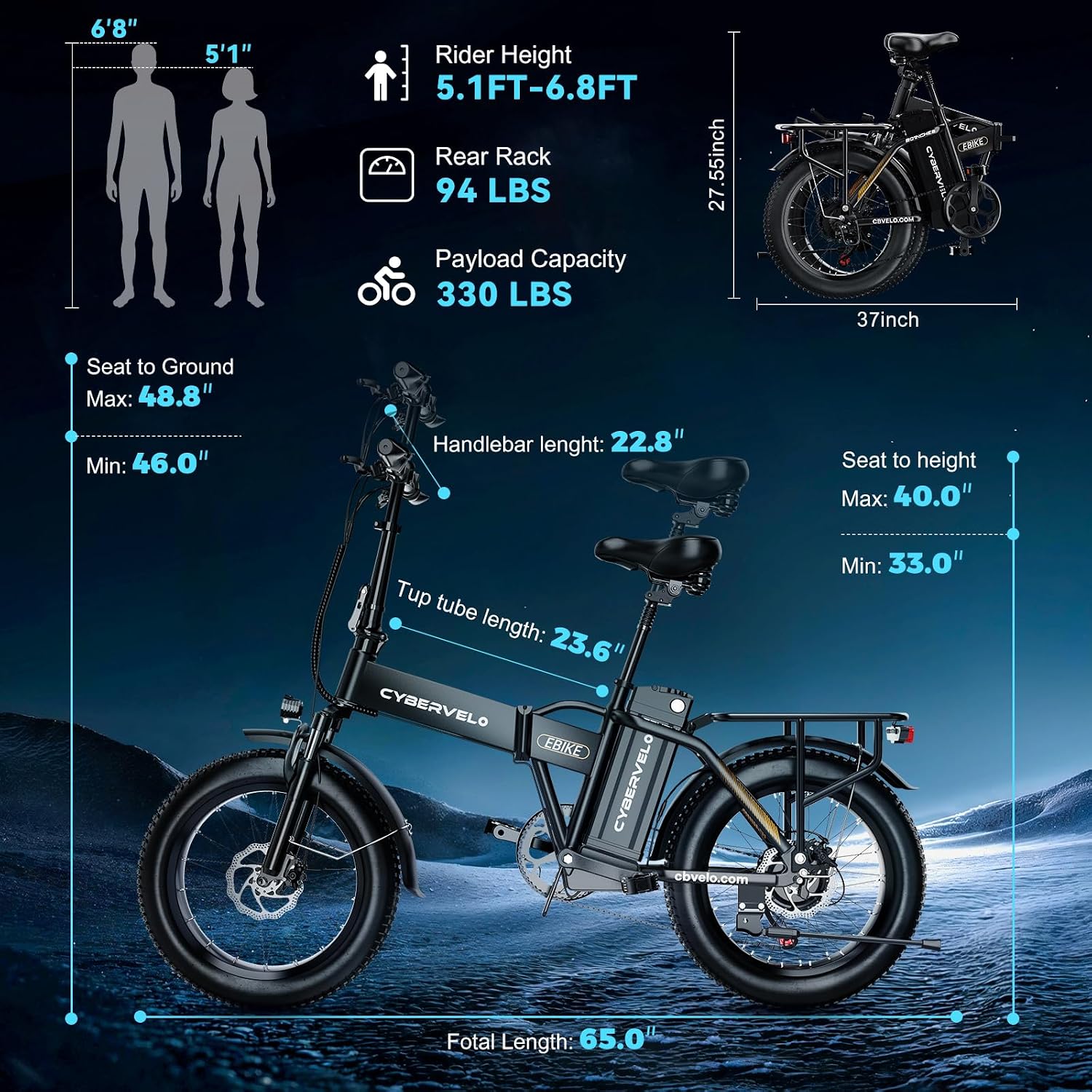 1000W Folding Electric Bike, 48V 20AH Large Removable