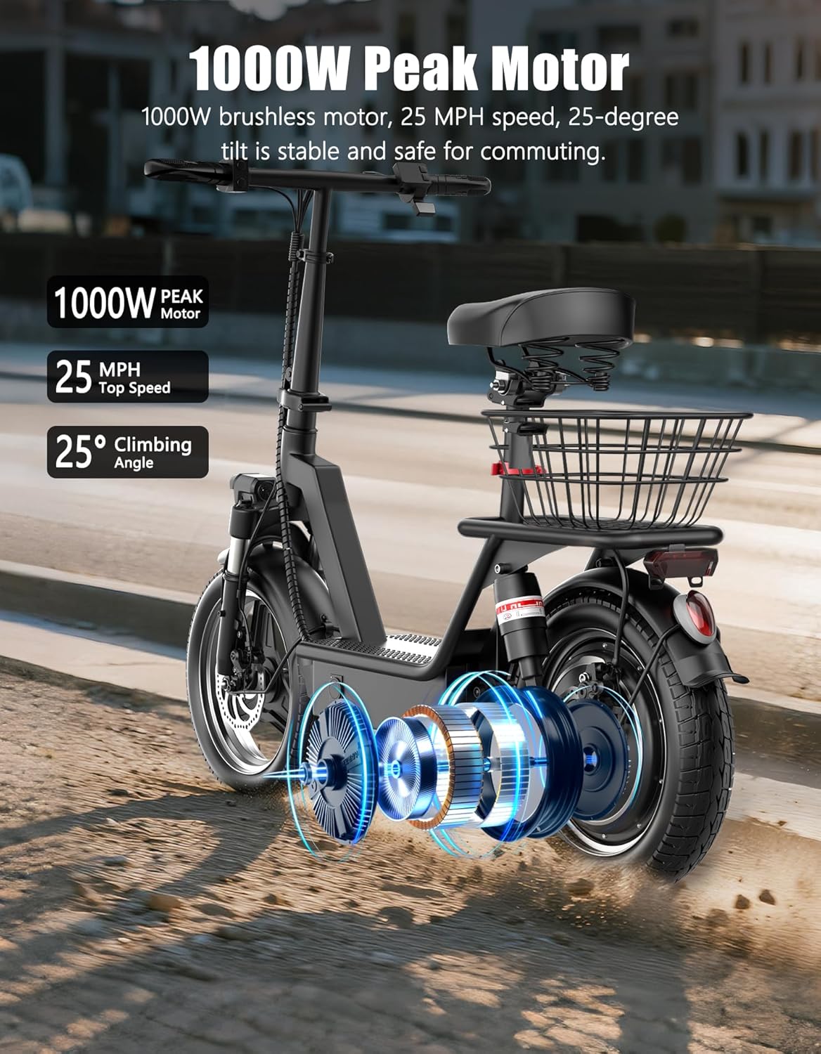 Electric Scooter for Adults, 1000W Peak Motor, 35 Miles of Range Scooter with Seat, 25 MPH