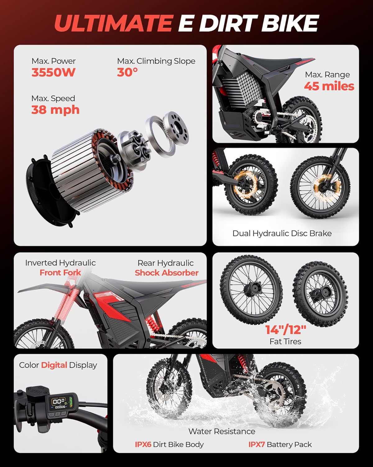 D2 Lite 3550W Peak Electric Dirt Bike, 48V/23.4AH