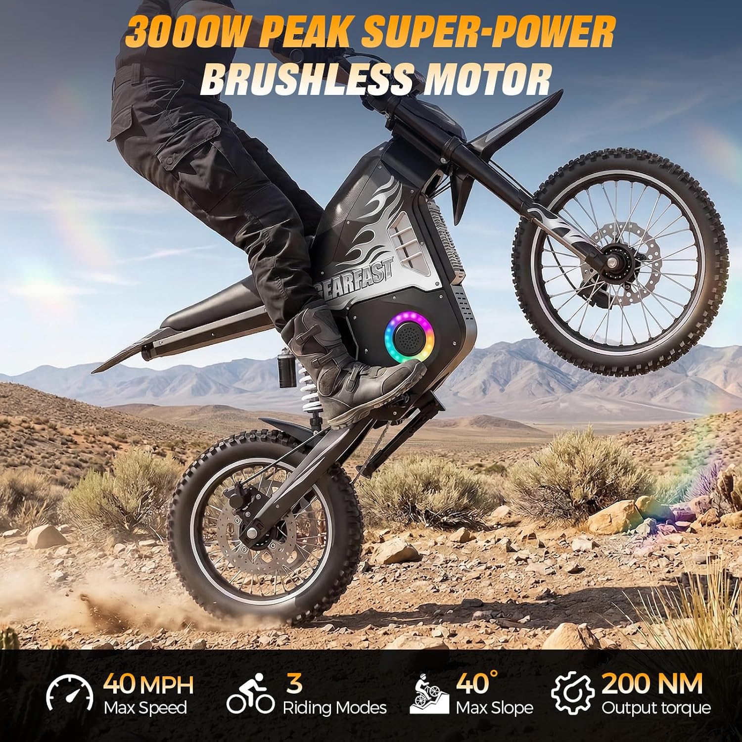Electric Dirt Bike, 14"/12" Fat Tire 3000W Peak 40 MPH Electric-Motorcycle