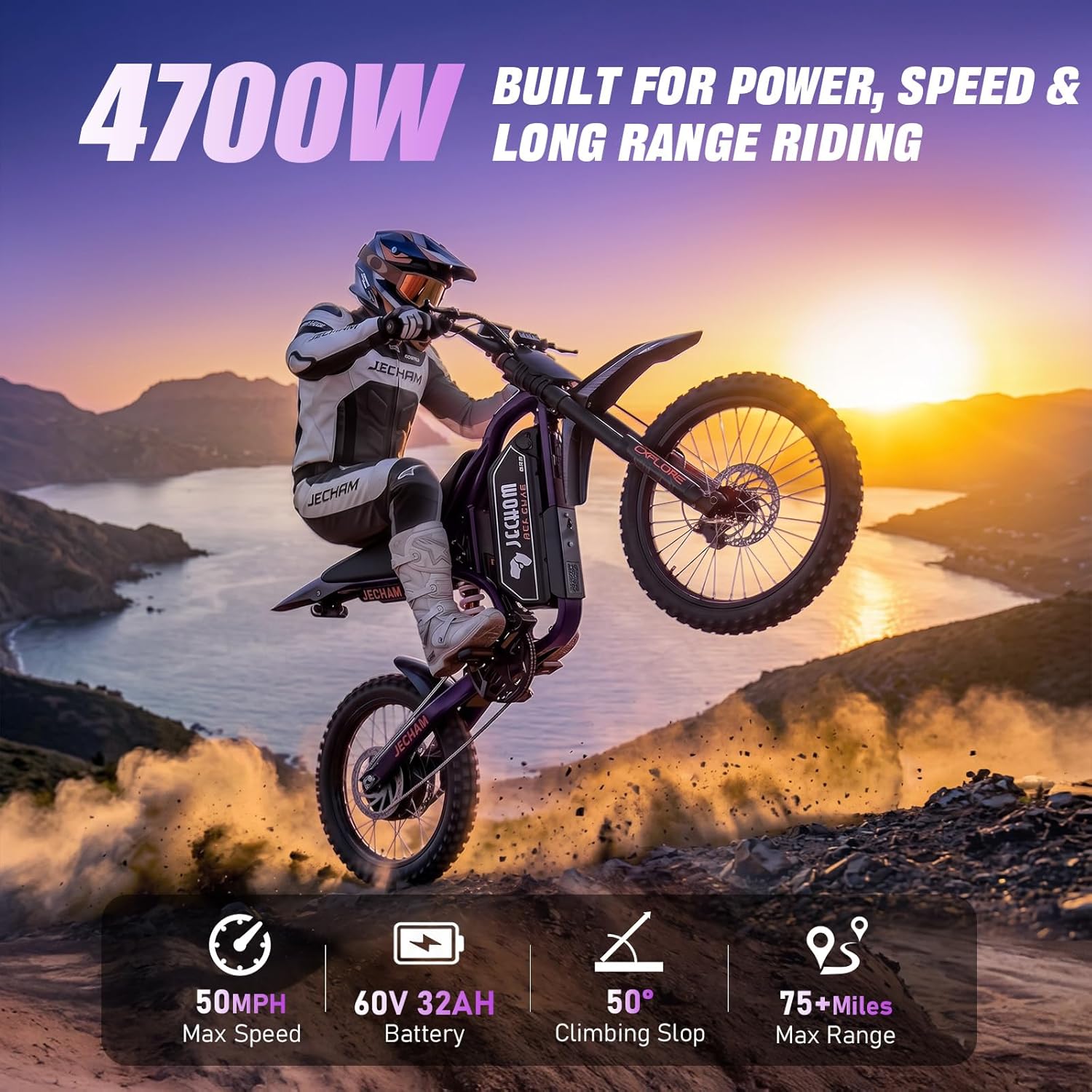 Electric Dirt Bike for Adults 4700W, Off-Road Electric Bike 60V 32Ah, 50 MPH High Speed