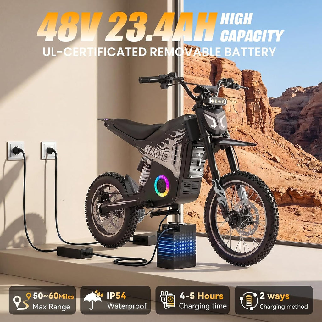 Electric Dirt Bike, 14"/12" Fat Tire 3000W Peak 40 MPH Electric-Motorcycle