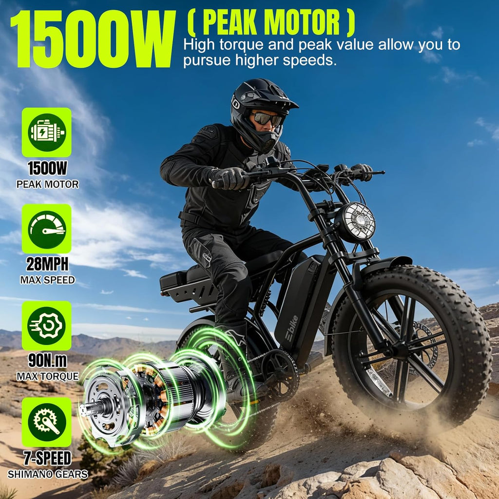 Electric Bike for Adults 1500W Peak 20" Fat Tire All-Terrain E-Bike 60/130 Miles