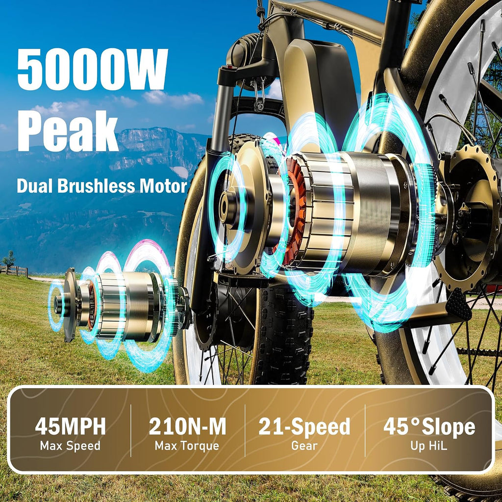 Electric Dirt Bike, 5000W Peak 60V/52V 25AH Dual Motor Ebike for Adult